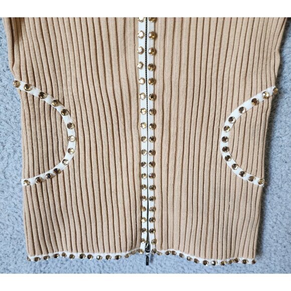 Vtg Y2K Cache Women's L Long Sleeve Zip Up Ribbed Stretch Top Rhinestones Beige - Picture 4 of 12